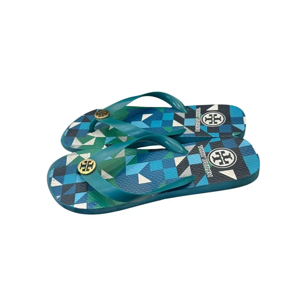 Tory Burch Chelsea Geometric Thin Flip Flops Blue Green Gold Logo Sz 6